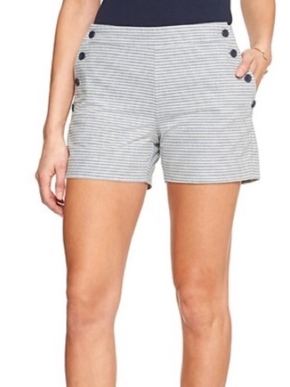 Banana Republic Navy and White Striped Button-Accent Bermuda Shorts